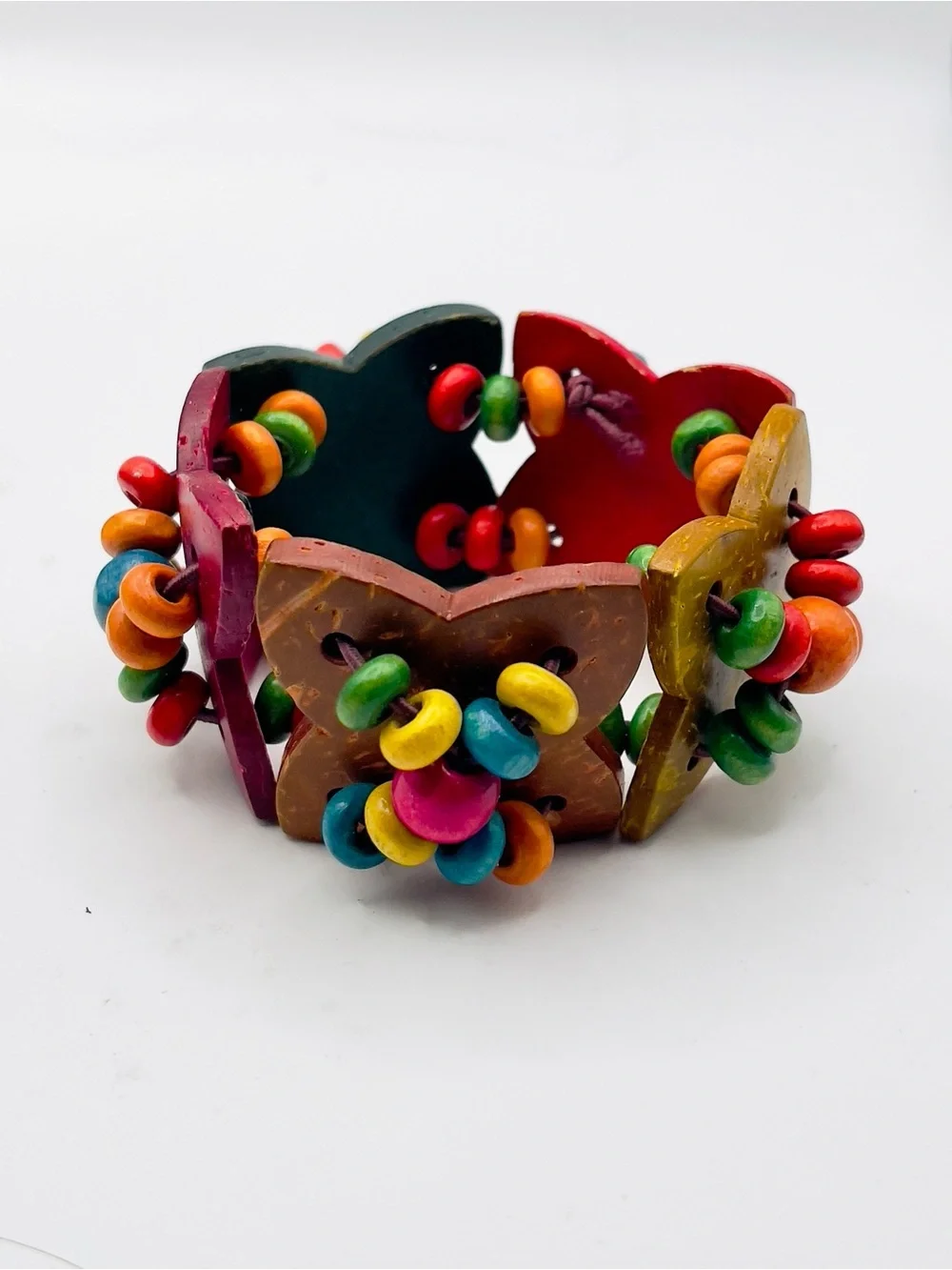 Chunky Boho Multicolor Wooden Flower Stretch Statement Bracelet